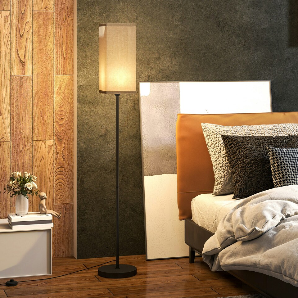 image 1 of HOMCOM Standing Floor Lamp with Linen Shade for Living Room, Bedroom, Black