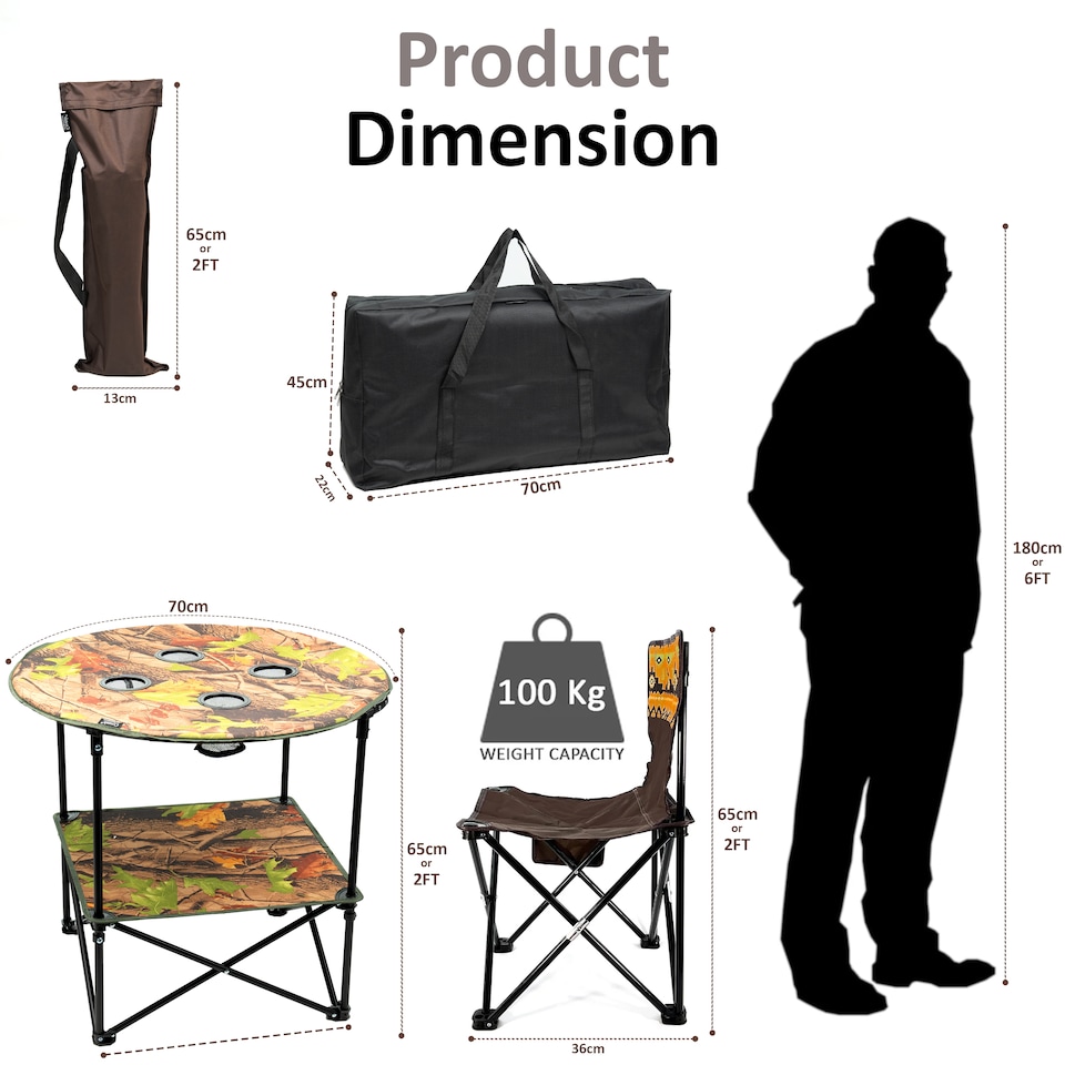 image 1 of 3PC Camping Table & Folding Chair Set Outdoor Fishing Seats with Cup Holders