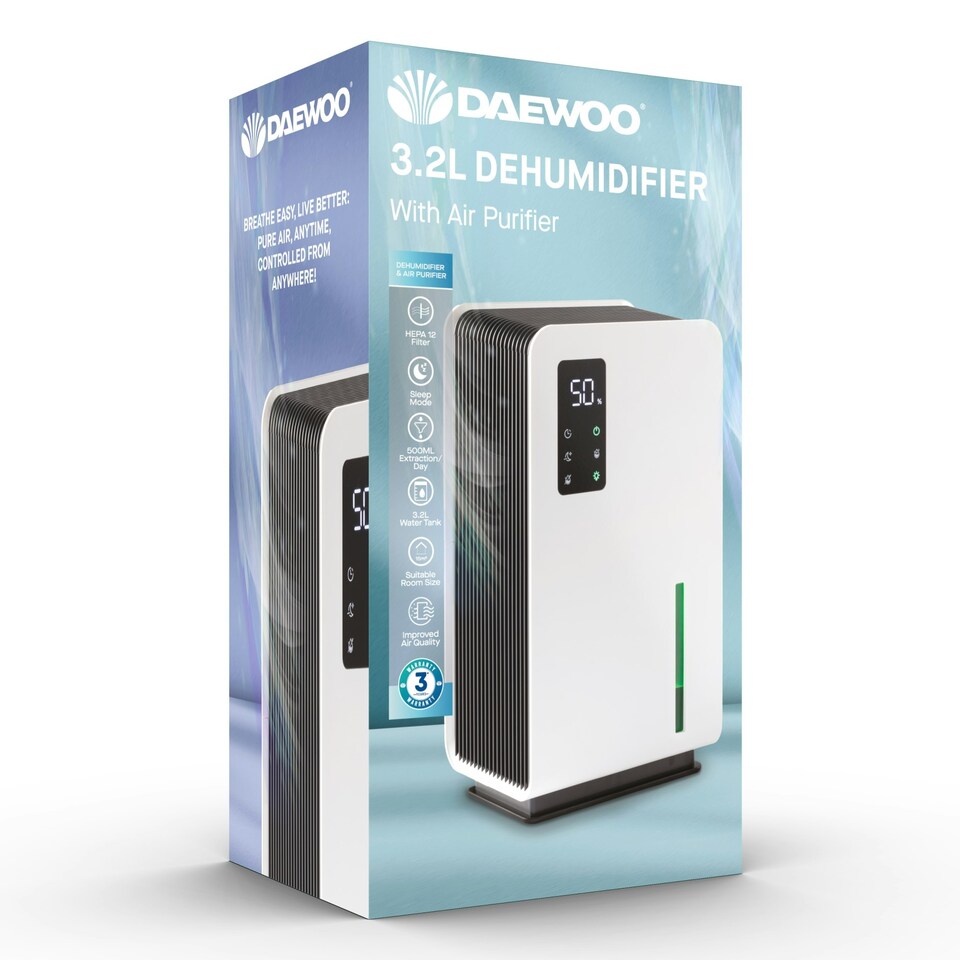 image 1 of Daewoo 3.2L Dehumidifier with Air Purifier, Quiet, Low Energy
