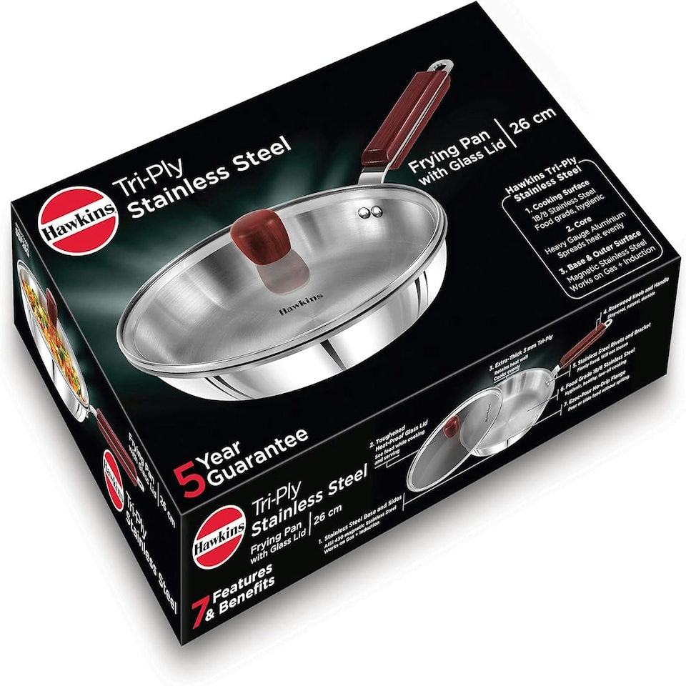 image 1 of Hawkins Triply 3 mm Stainless Steel Frying Pan Glass with Lid