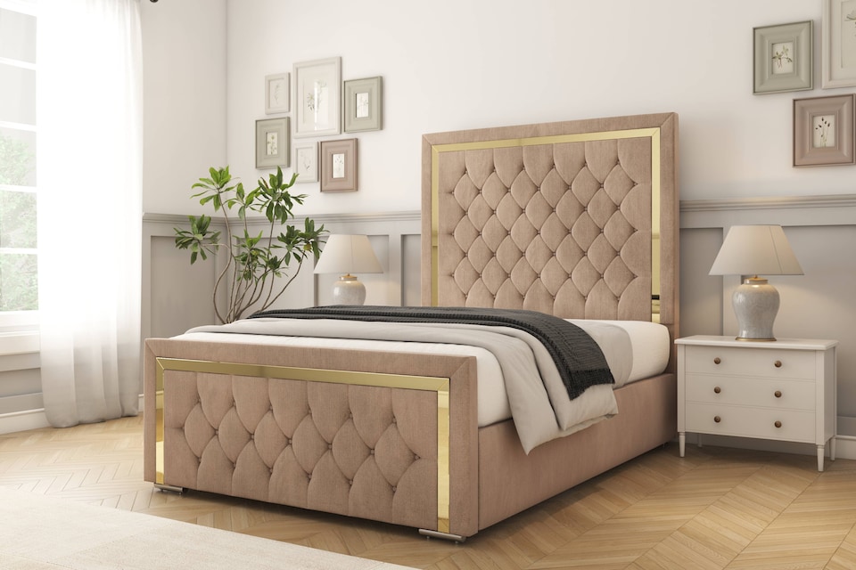 image 1 of Sloomy Sofia Gold Mink Naples Bed Frame With 50" Upholstered Headboard 4' Small Double