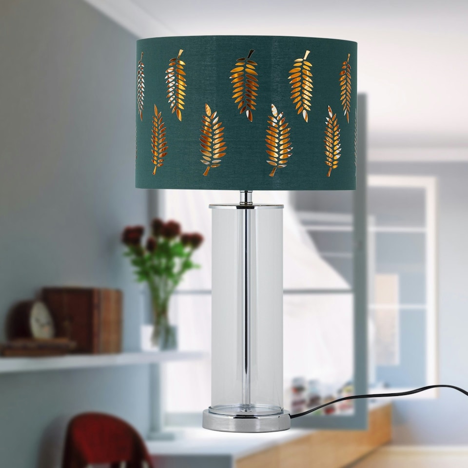 image 1 of Set of 2 Aura - Chrome Table Lamps with Green Fern Cut Out Shades Chrome | Green