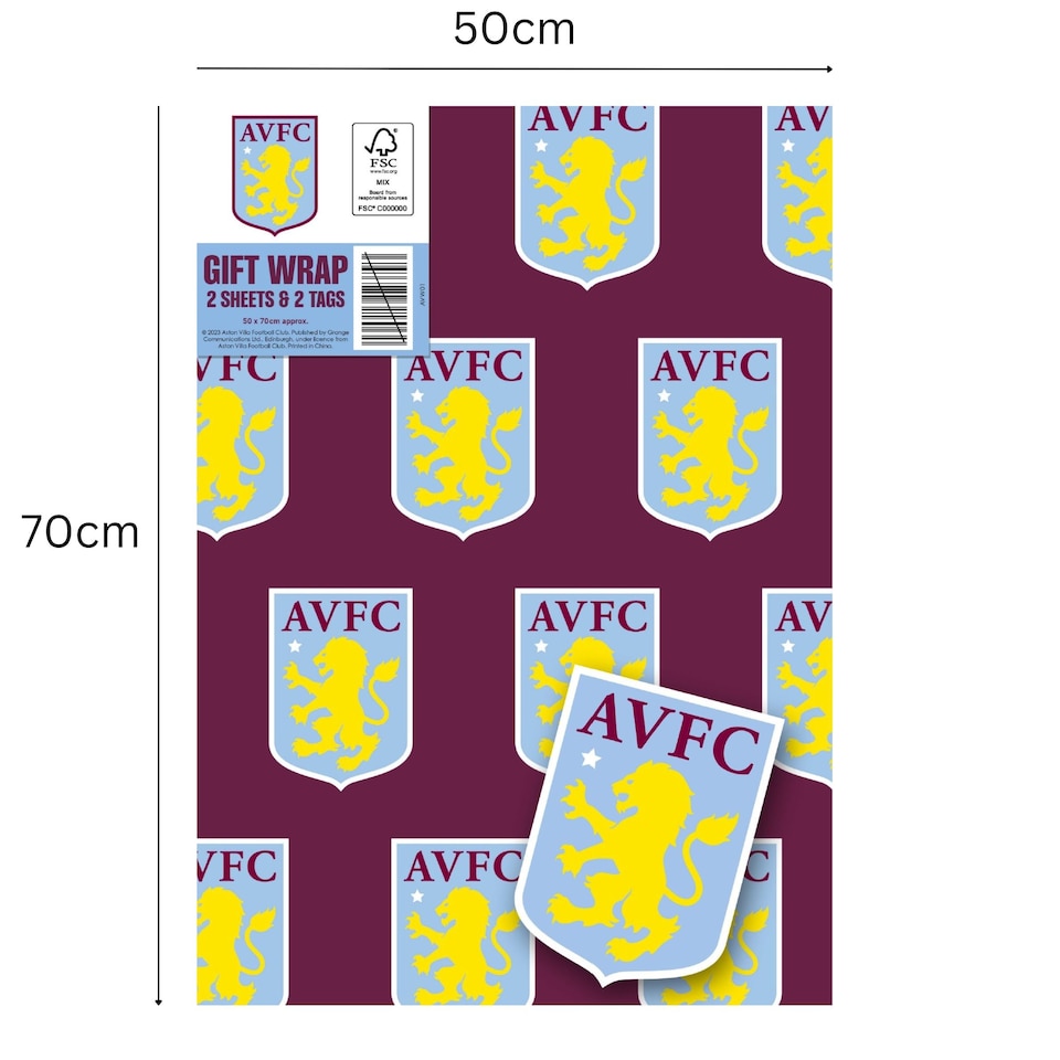 image 1 of Aston Villa FC 2 Sheets & 2 Tags Gift Wrap