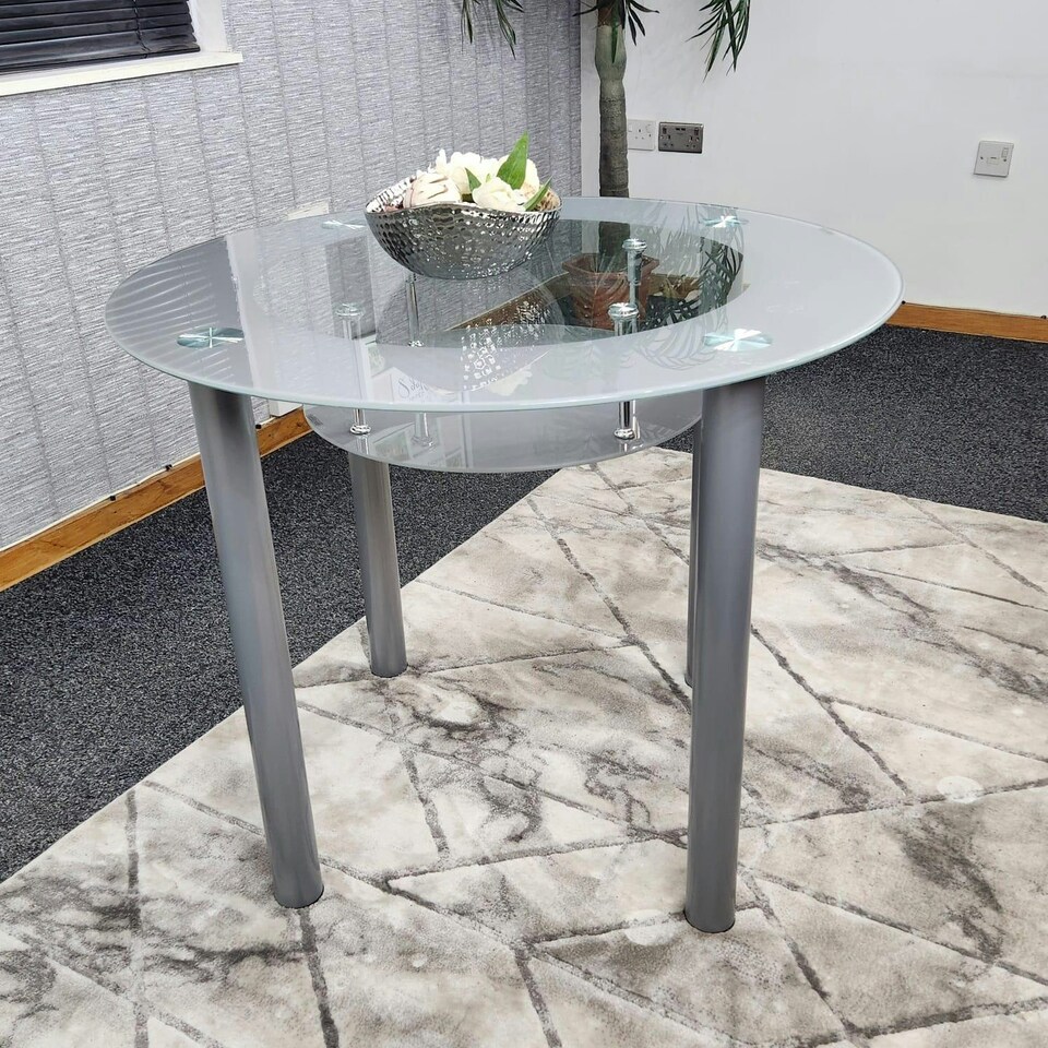 image 1 of Glass Grey Dining Table Round Dining Table Dining Room Kitchen Furniture Grey