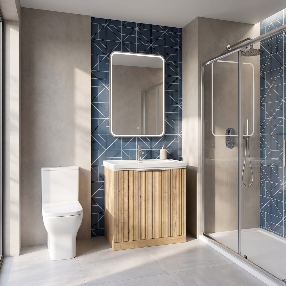 image 1 of Balterley Callingwood Contemporary Floor Standing 2 Door Vanity Unit with Traditional 1 Tap Hole Fireclay Basin , 800mm, Autumn Oak