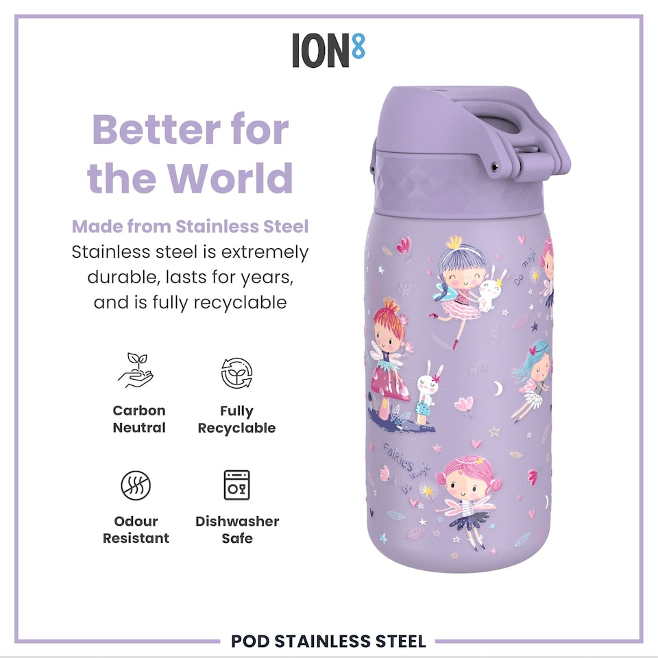 image 1 of Leak Proof Kids Water Bottle, Stainless Steel, 400ml (13oz) | Purple | Fairies | One Size