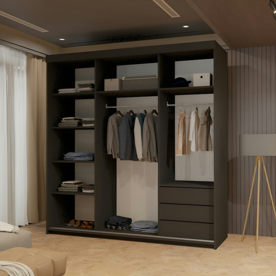 image 1 of Modern Full Mirror 200cm Sliding Door Wardrobe Available in White or Black | Bedroom Storage with Drawers & Hanging Rails Black | 200cm