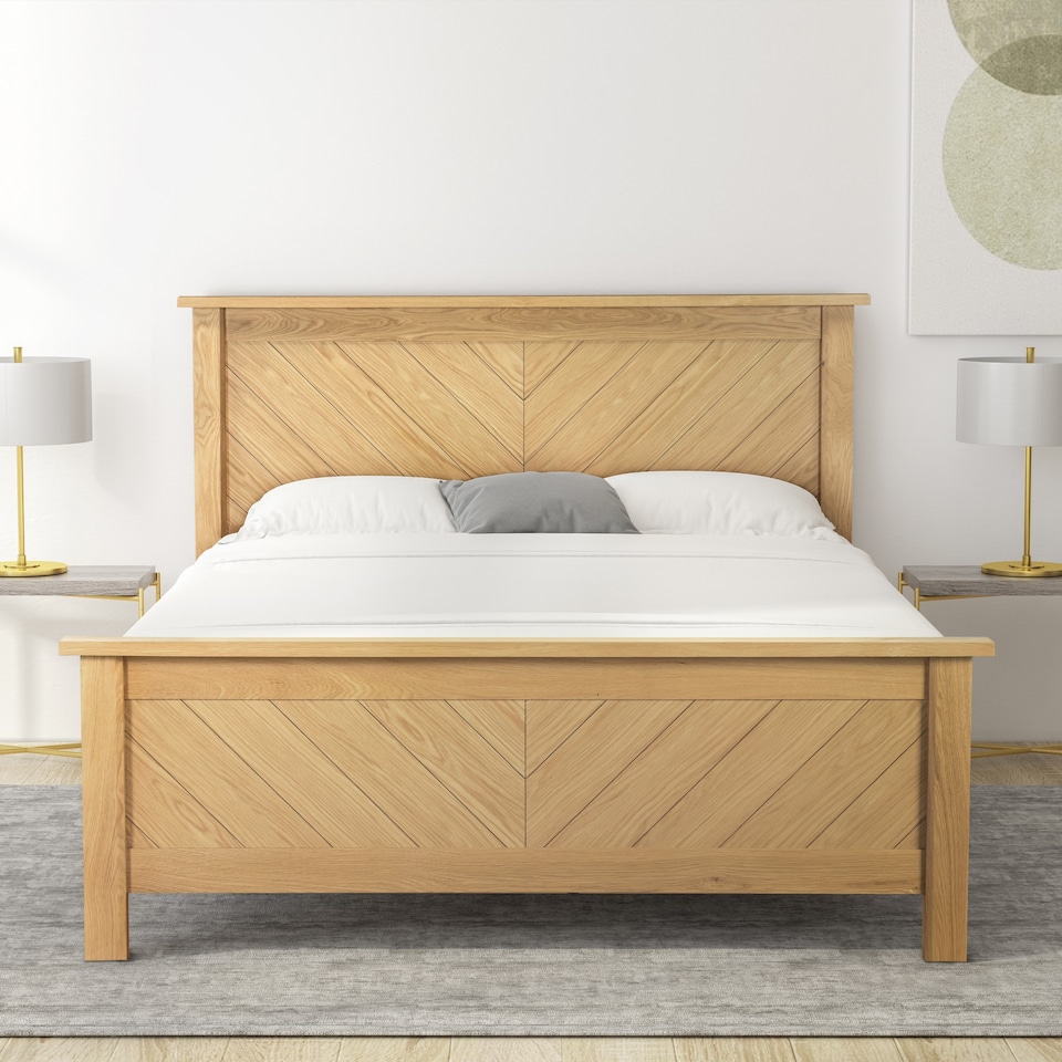 image 1 of 6ft Super King Real Oak Wood Bed Frame.Chevron Solid Panel Wooden Bed Frame Bedstead