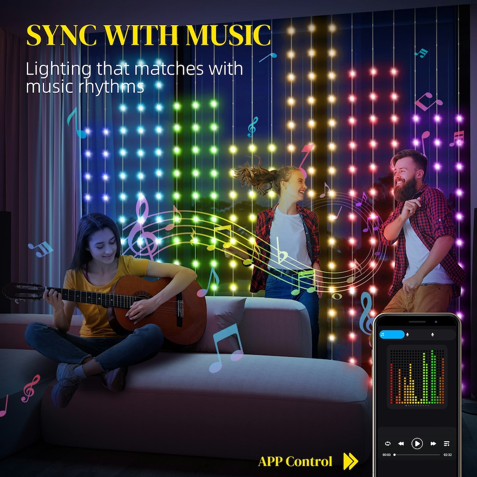 image 1 of HOMCOM Smart LED Curtain Lights, Dynamic DIY Fairy Lights, 3x3(m)