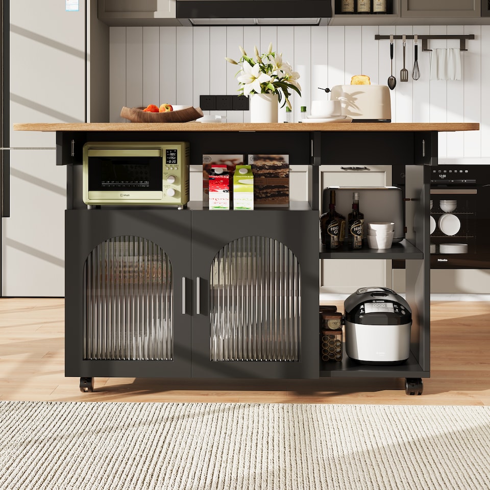 image 1 of VILUXE Kitchen island, kitchen cabinet, removable serving trolley, buffet cabinet, dining trolley with wood grain, buffet cabinet, multifunctional dining table with storage space, Black