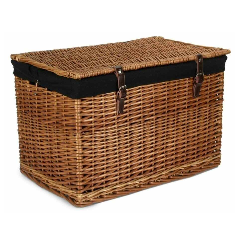 image 1 of 60cm Double Steamed Wicker Chest Picnic Basket with Lining Black | Black | One Size