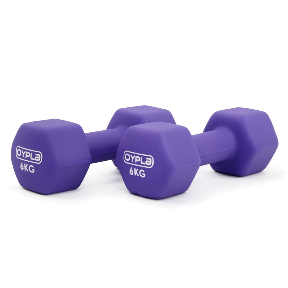 image 1 of Pair of 6kg Hex Anti Roll Neoprene Non Slip Hand Dumbbells Workout Weights