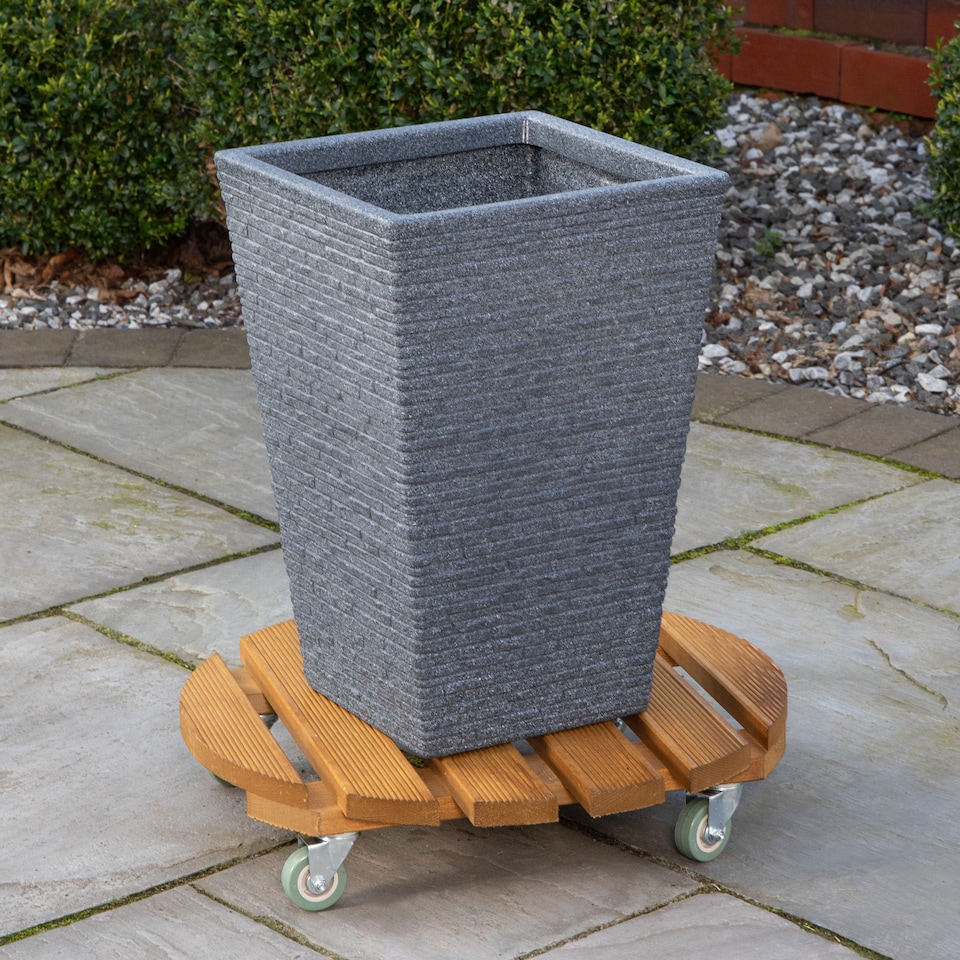 image 1 of Tom Chambers Handcrafted Heavy Duty Round Traditional Wood Garden Patio Plant Flower Pot Stand Caddy Trolley Dolly on Strong Metal Castor Wheels 30cm | Brown | Brown