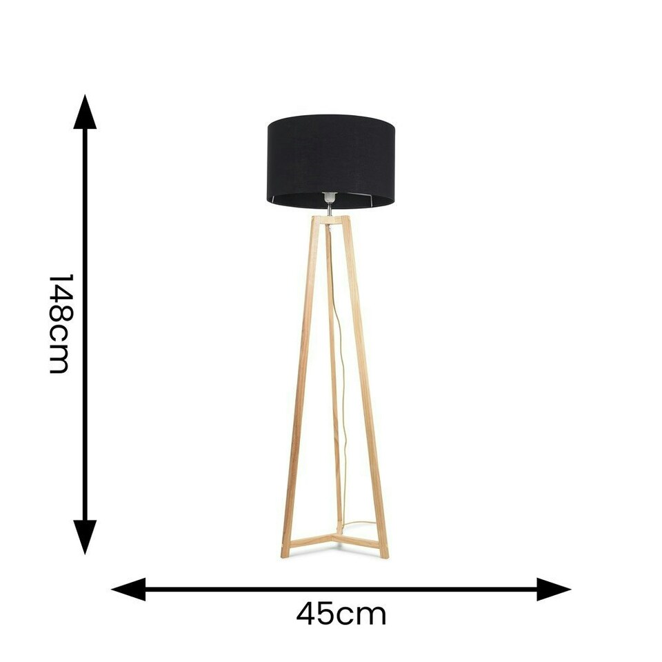 image 1 of ValueLights Lottie Natural Wood Tripod Floor Lamp with Black Fabric Drum Shade and LED Bulb