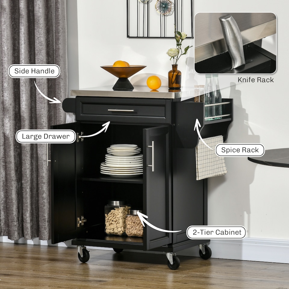 image 1 of HOMCOM Wooden Kitchen Island on Wheels, Serving Cart Storage Trolley with Stainless Steel Top, Drawer, Side Handle and Rack, Black