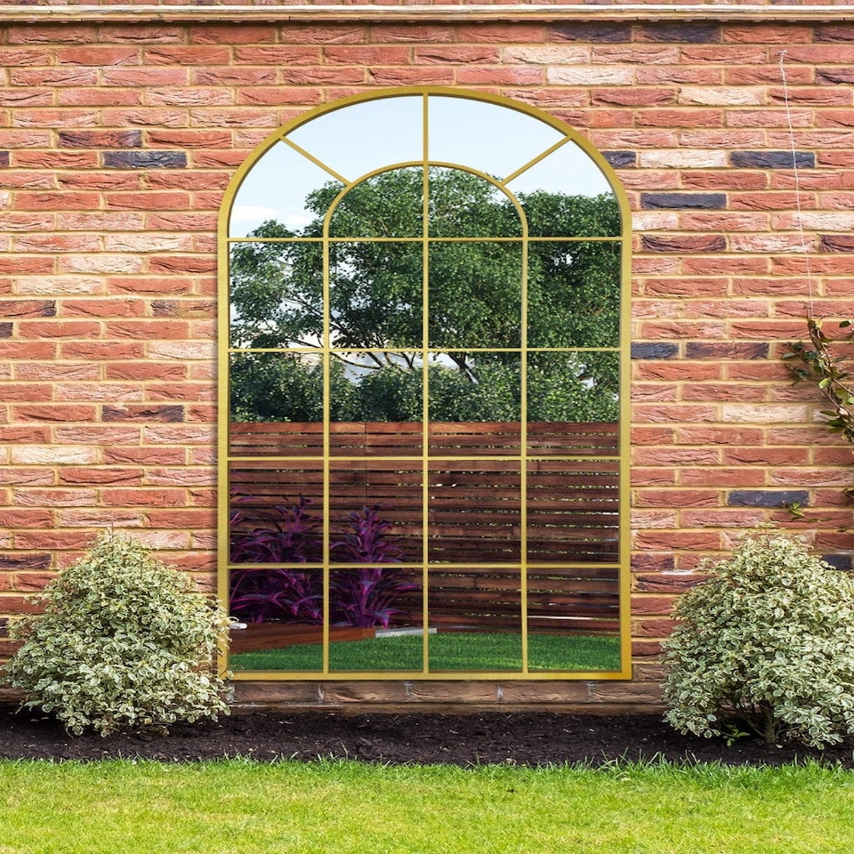 image 1 of The Arcus - Gold Framed Arched Window Garden Mirror 71" X 33.5" (180x85CM) | Gold