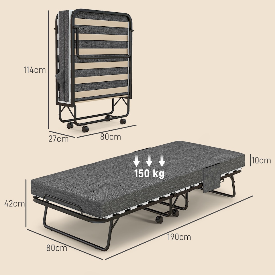 image 1 of HOMCOM Folding Bed with Mattress, Foldable Guest Bed on Wheels, Portable Single Bed with 10cm Mattress, Side Pockets, Cover, 190 x 80cm, Dark Grey