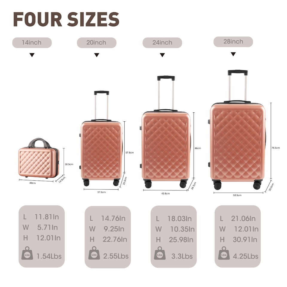 image 1 of 4 Piece ABS Suitcase Set 3-Stage Adjustable Handle 14/20/24/28in