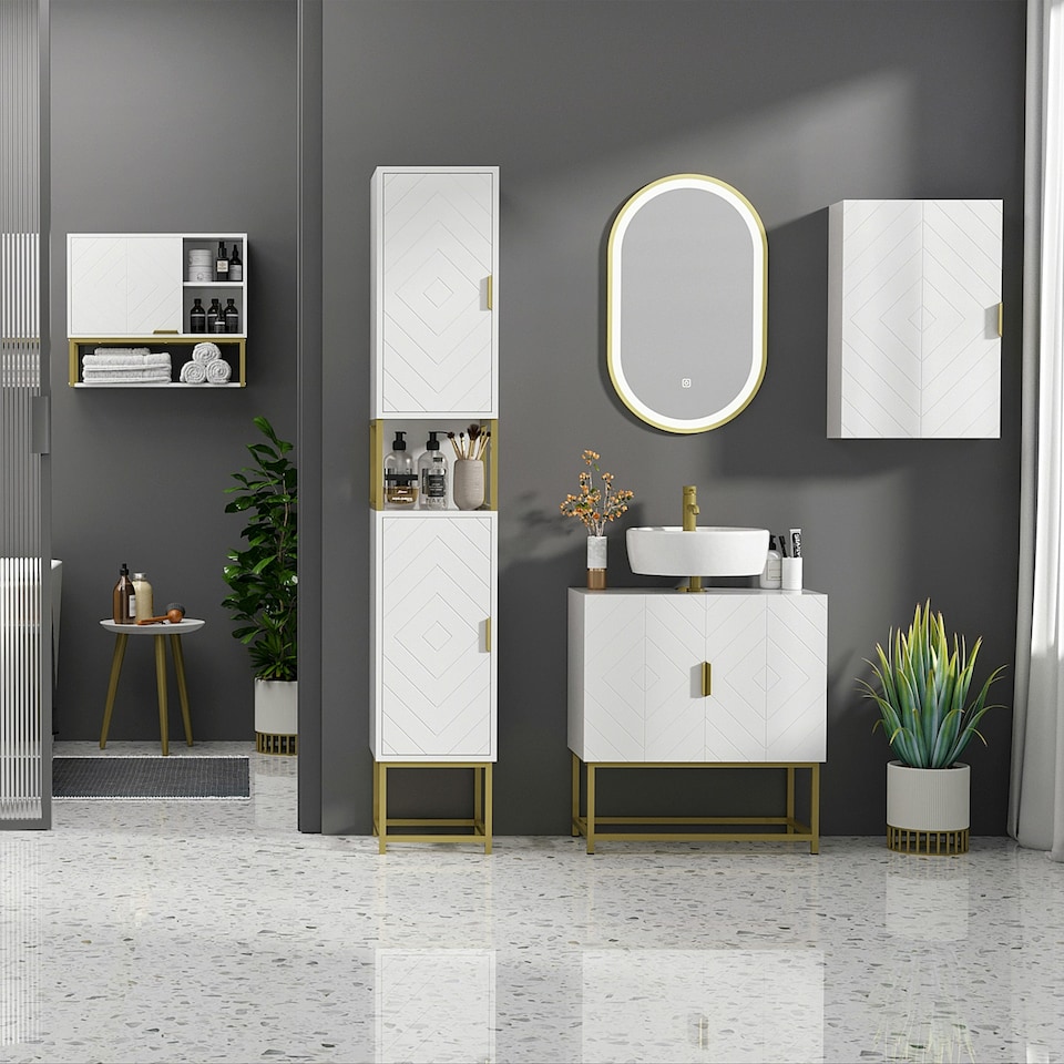 image 1 of kleankin Freestanding Bathroom Cabinet Linen Towel w/ Adjustable Shelf, 2 Doors