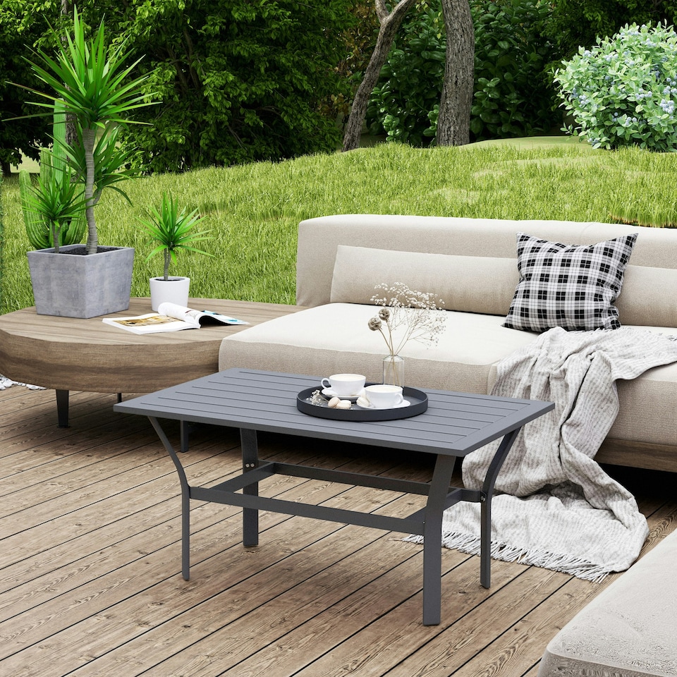 image 1 of Outsunny Metal Garden Coffee Table with Slatted Tabletop, Dark Grey Grey | Dark Grey