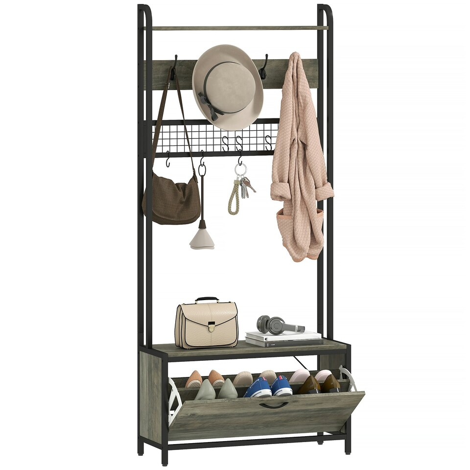 image 1 of HOMCOM Industrial Hall Tree Coat Rack Stand with Shoe Cabinet | Grey | Black | 80W x 30D x 180H cm | 1