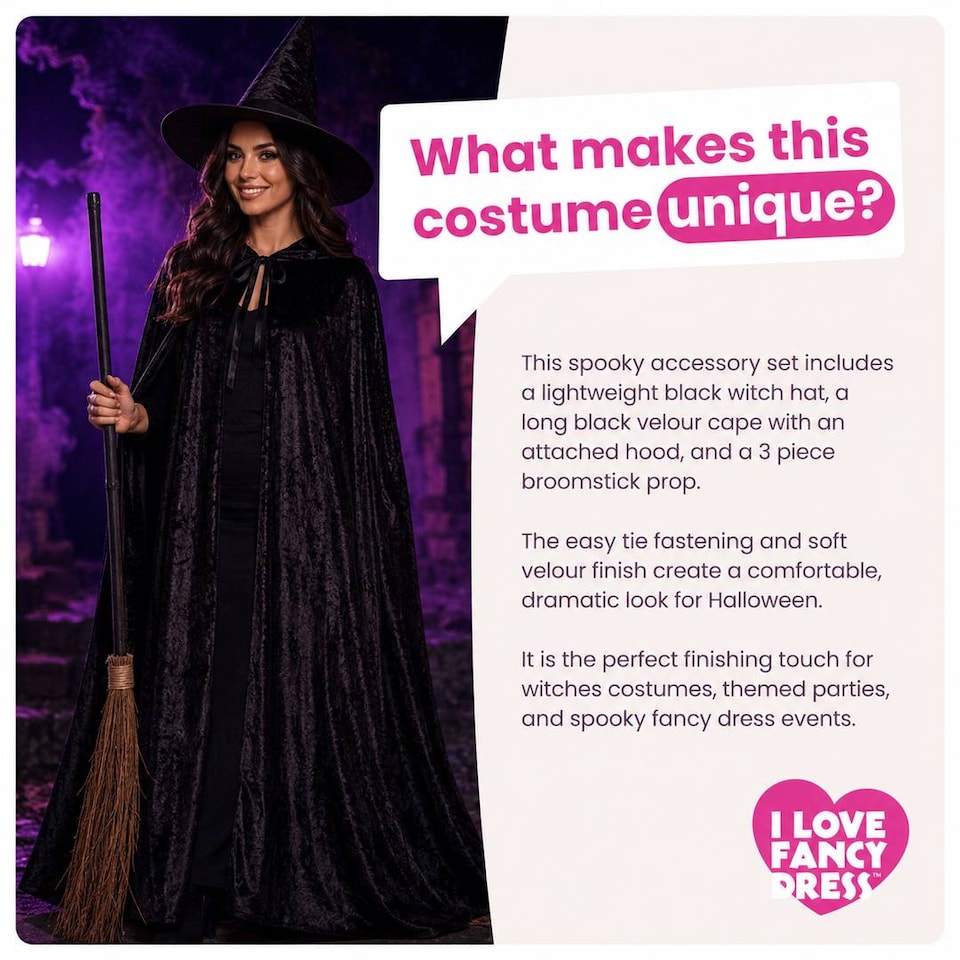 image 1 of Adult Witch Costume Set - Halloween Cape, Pointed Hat & Broomstick