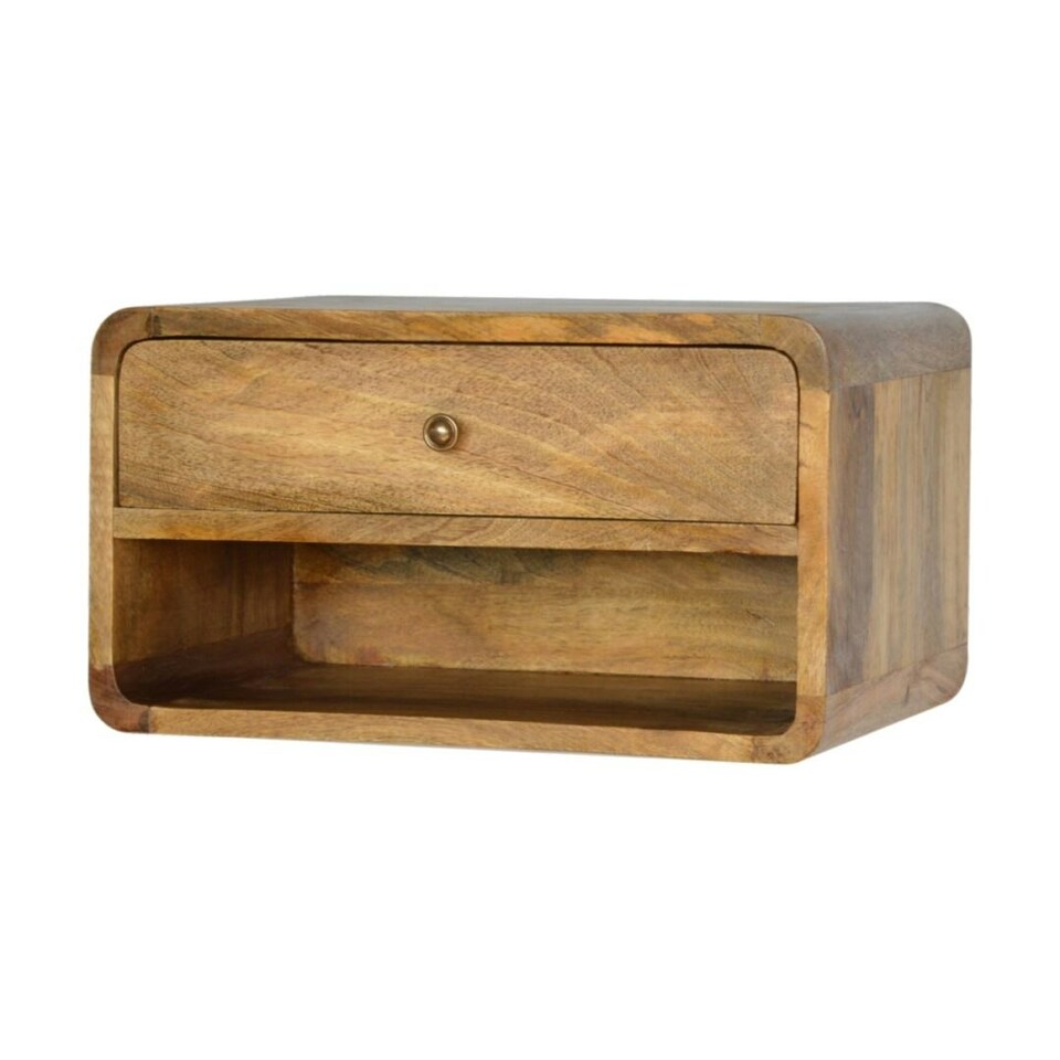 image 1 of Curved Oak-ish Wall Mounted Bedside with Open Slot Brown