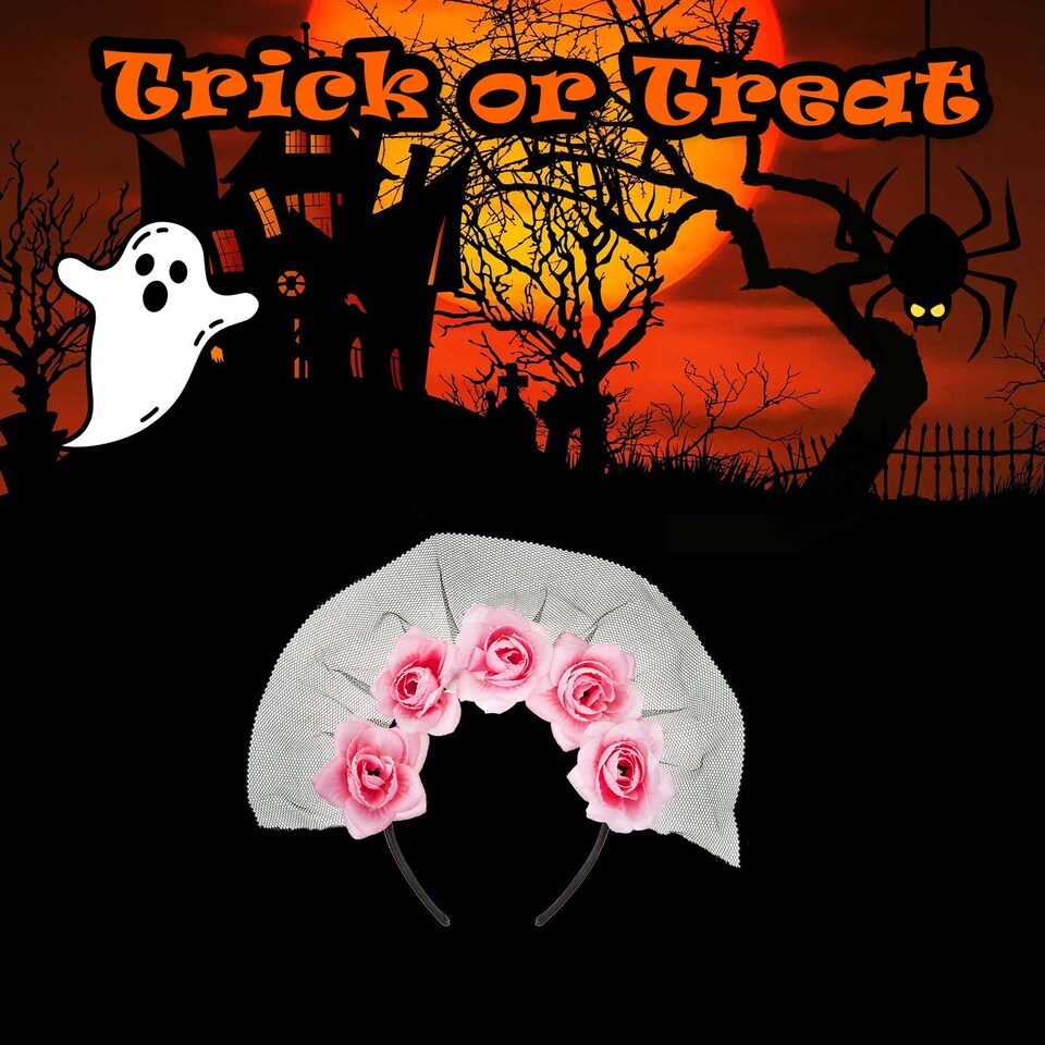 image 1 of vfm-estore Halloween Veil Headband 5 Roses Design, Pink - Party Costume Accessory