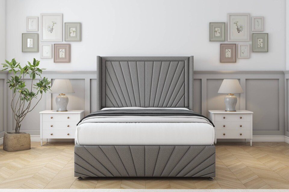 image 1 of Sloomy Rutherford Pewter Dumfries Divan Bed With Mattress 2 Drawers Footend With 54" Wingback Headboard & 12" Matching Footboard 4'6 Double | Grey | Pewter | Double | 1
