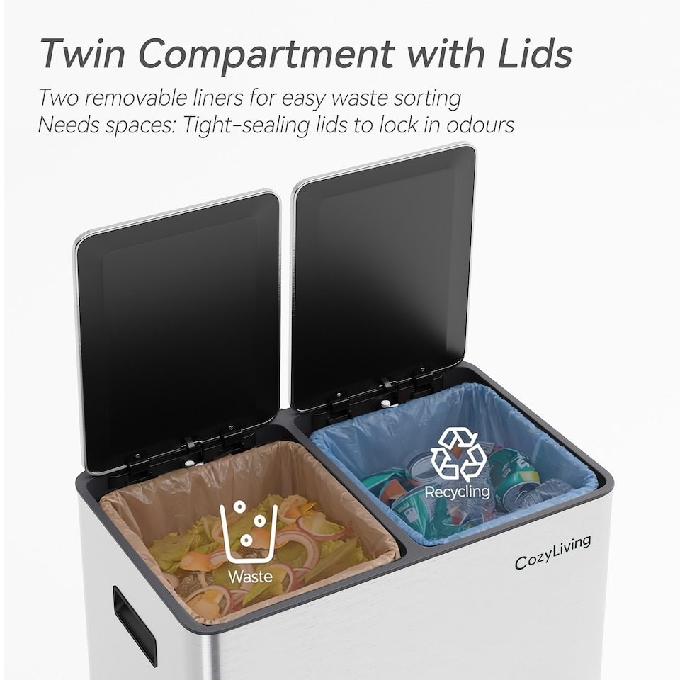 image 1 of 30L Dual Pedal Bin for Recycling and General Waste Kitchen Bin (2x15L)
