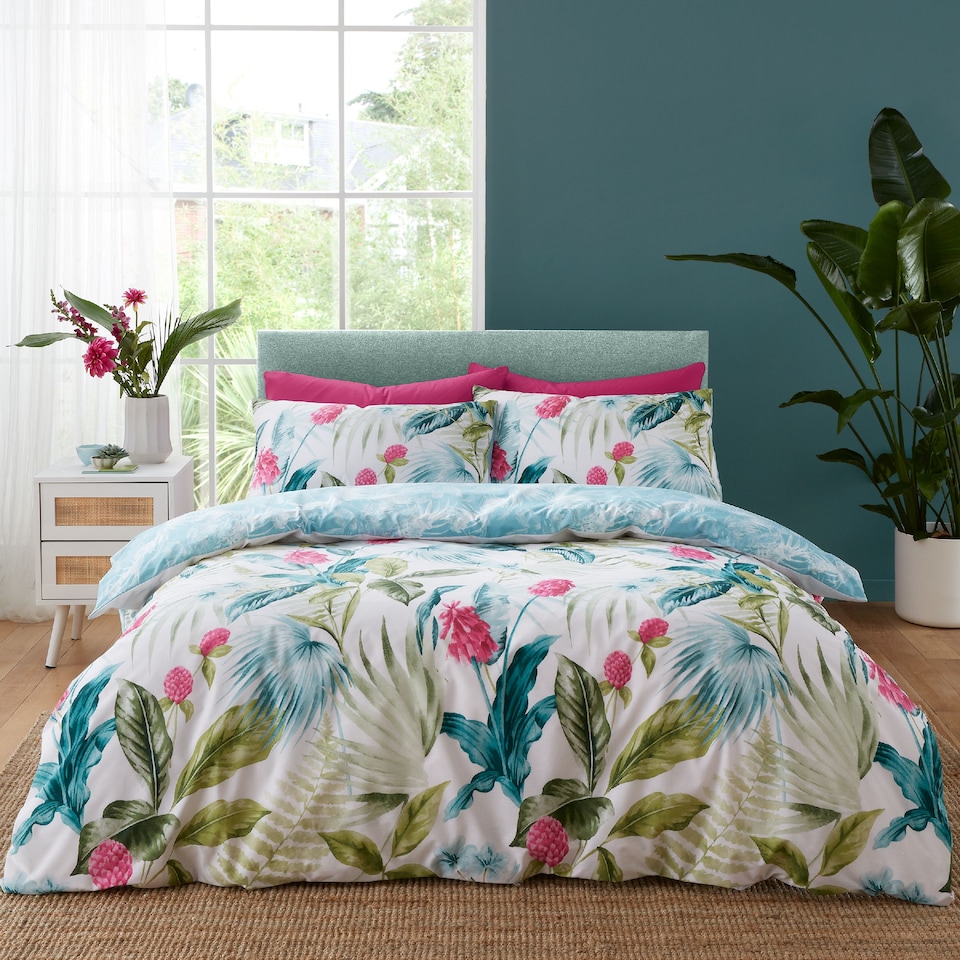 image 1 of Aruba Tropical Floral Reversible Duvet Cover Set | Green