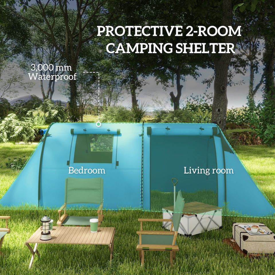 image 1 of Outsunny 2 Room Camping Family Tent for 3-4 Man, 3000mm Waterproof, Green