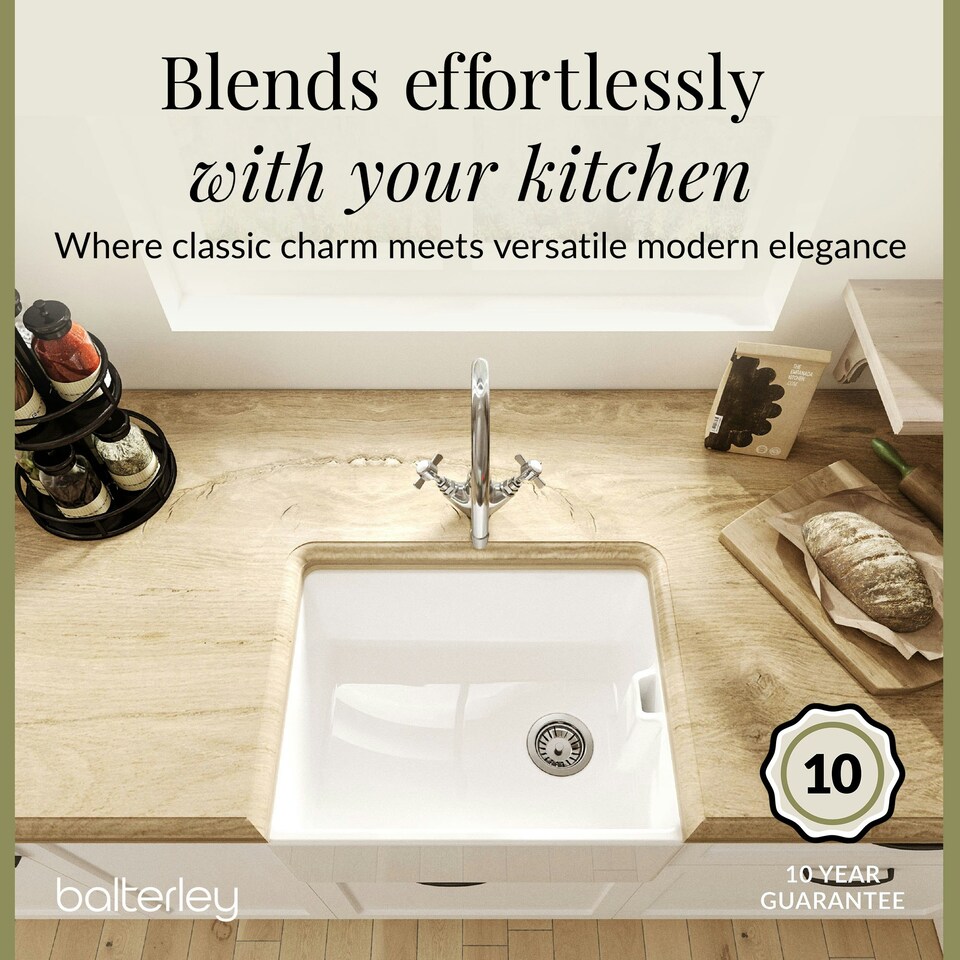 image 1 of Fireclay 595mm Single Bowl Belfast Butler Sink with Basket Strainer Waste & Mono Kitchen Mixer Tap by Balterley