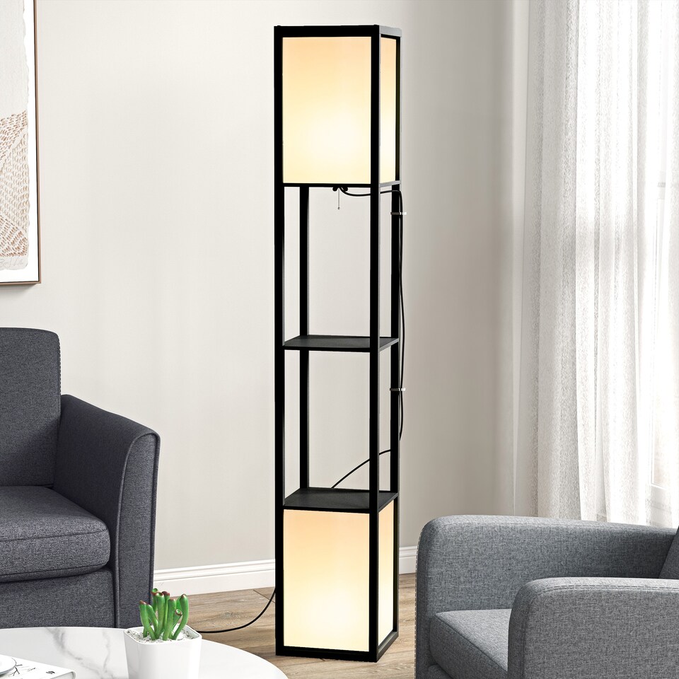 image 1 of HOMCOM Floor Lamp with Shelves and Dual Light, Modern Corner Standing Lamp with TC Fabric Lampshade for Living Room, Bedroom, Bulb not Included, Black