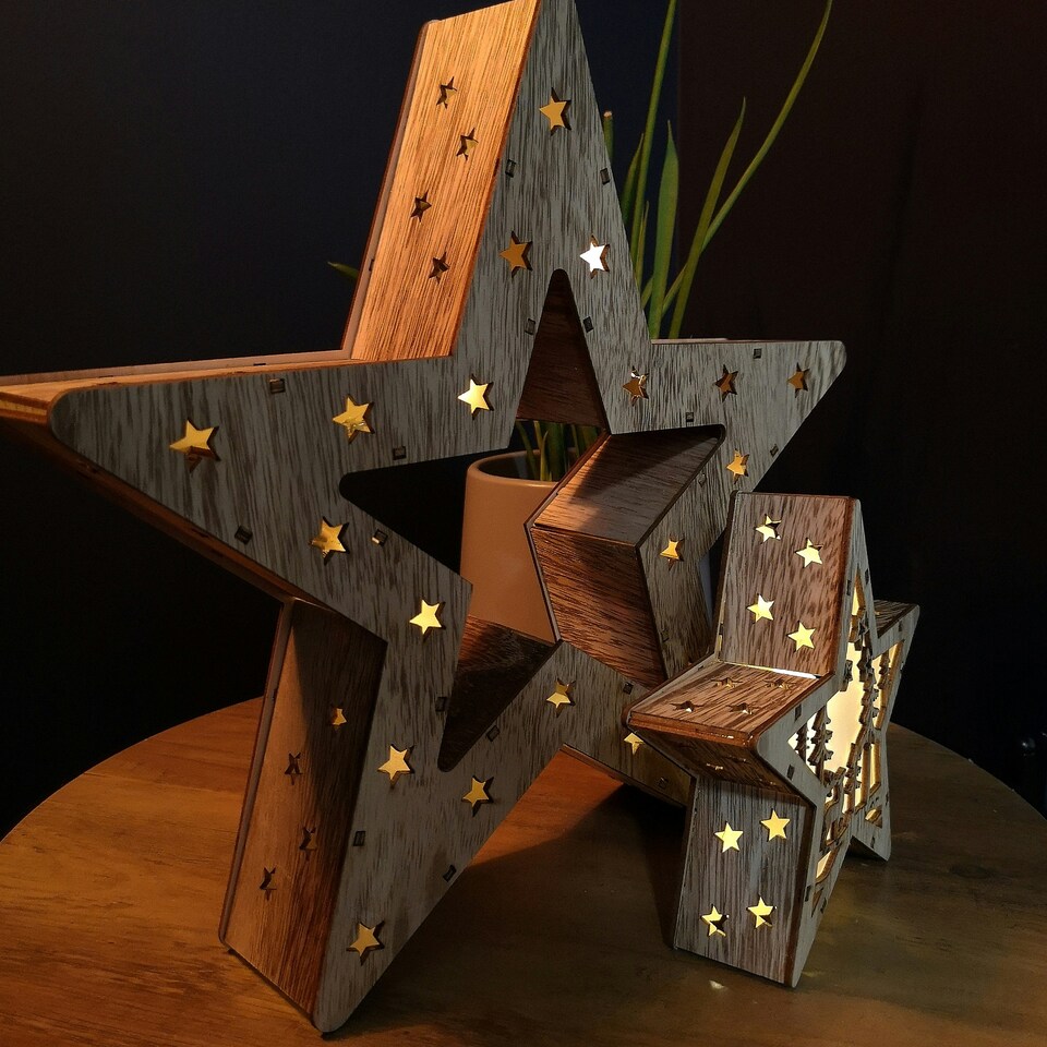 image 1 of Set of 2 Battery Operated Indoor Wooden Christmas Stars with Warm White LEDs