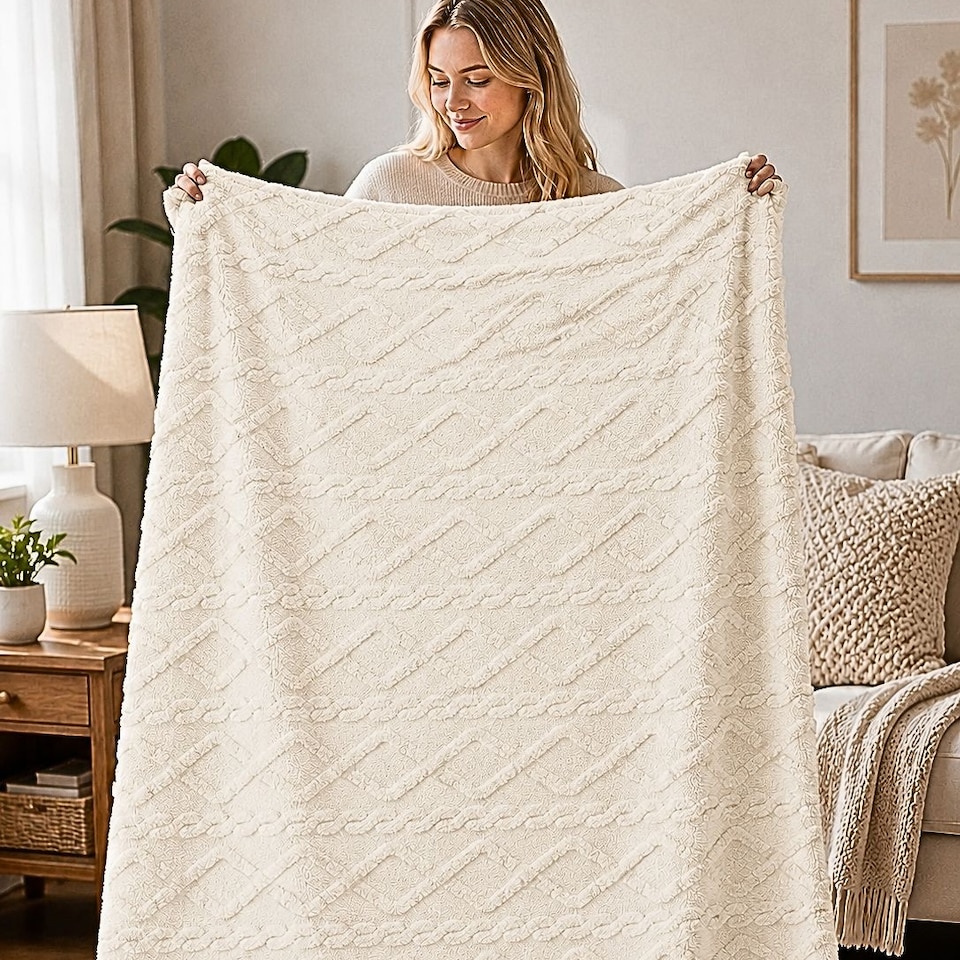 image 1 of Soft Cable Throw Blanket – Cosy Textured Home Decorative Warm Blanket 150 x 200cm