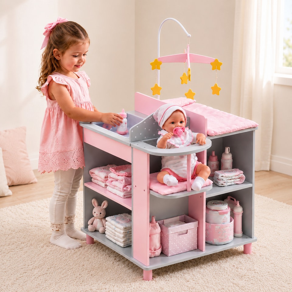 image 1 of Teamson Kids Wooden Baby Doll Changing Station with Storage, Grey/Pink