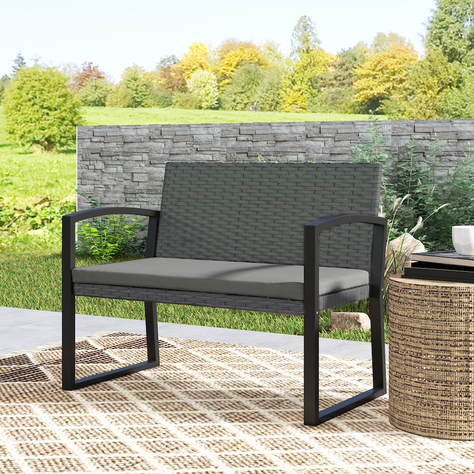 image 1 of Outsunny 2 Seater Rattan Garden Bench with Cushion, Steel Frame, Light Grey