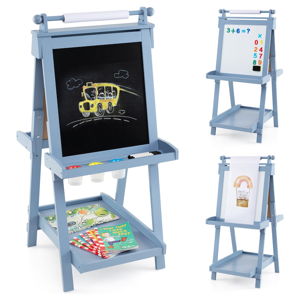 image 1 of COSTWAY Foldable Easel Kids 3-in-1 Double-sided Art Easel w/Chalkboard-Blue