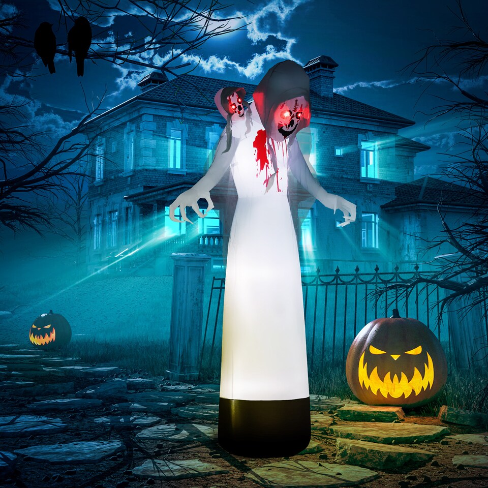 image 1 of Outsunny 8.9FT Tall Halloween Inflatable Witch Ghost with Three Heads, Blow Up Outdoor Halloween Decoration with Build-in LED Lights for Garden, Lawn, Party