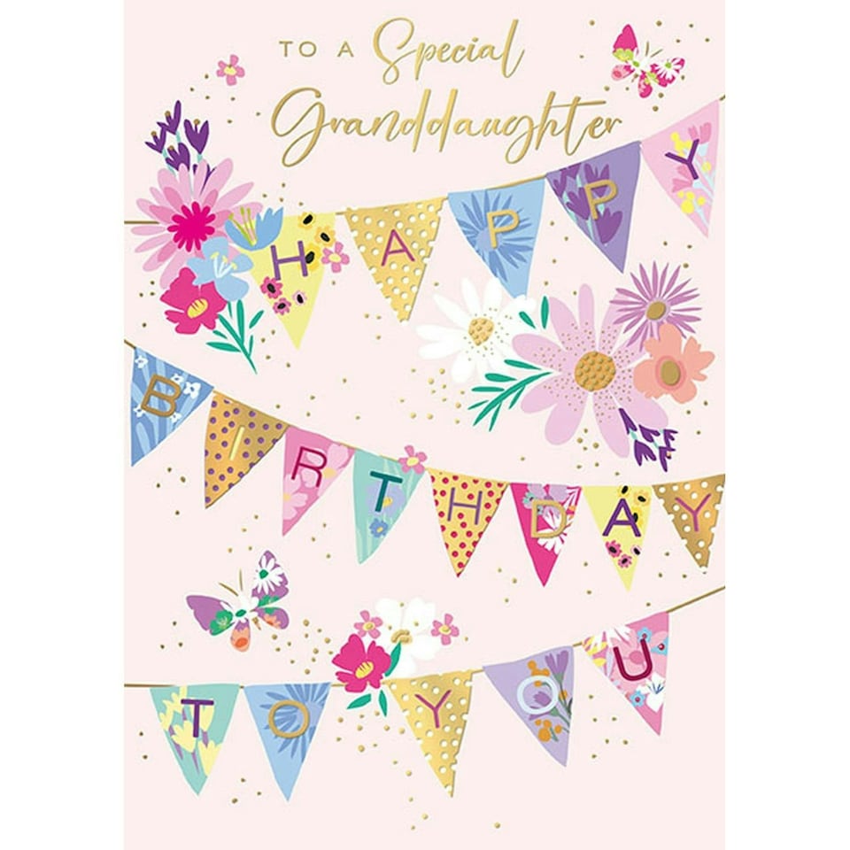 Words 'n' Wishes Special Granddaughter Birthday Card, Happy Birthday Card with Bunting and Flowers Design