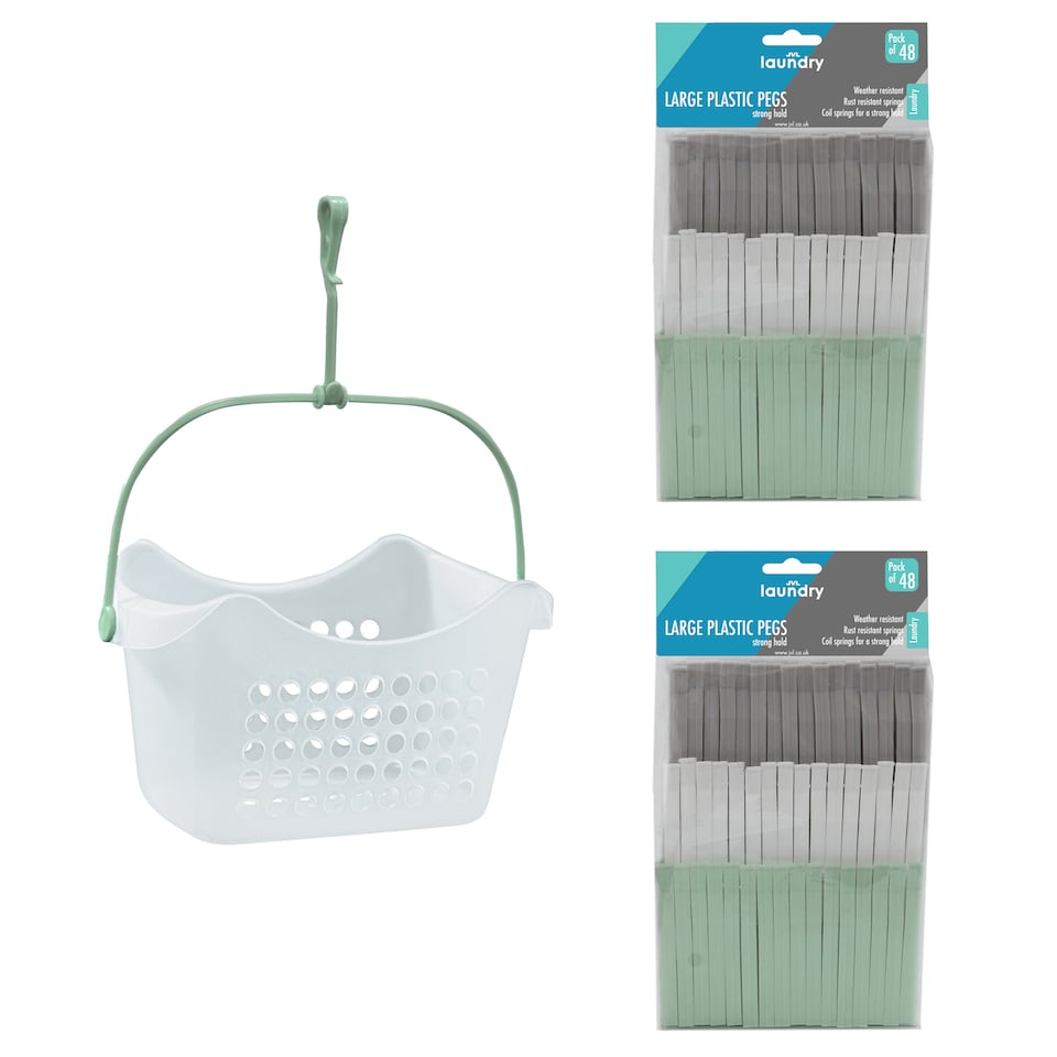image 1 of JVL Peg Basket with 96 Large Plastic Clothes Pegs, Assorted Colours