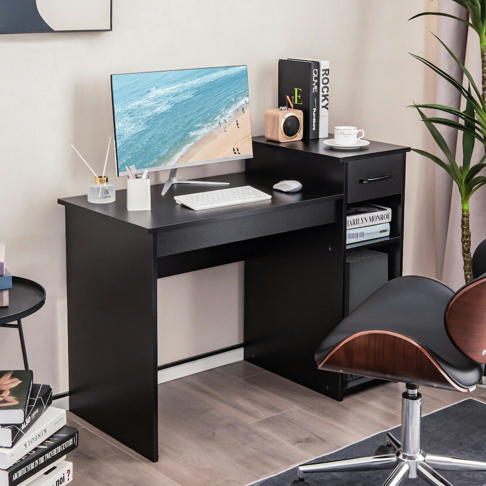 image 1 of COSTWAY Computer Desk with Drawer Compact Study Desk Black Black