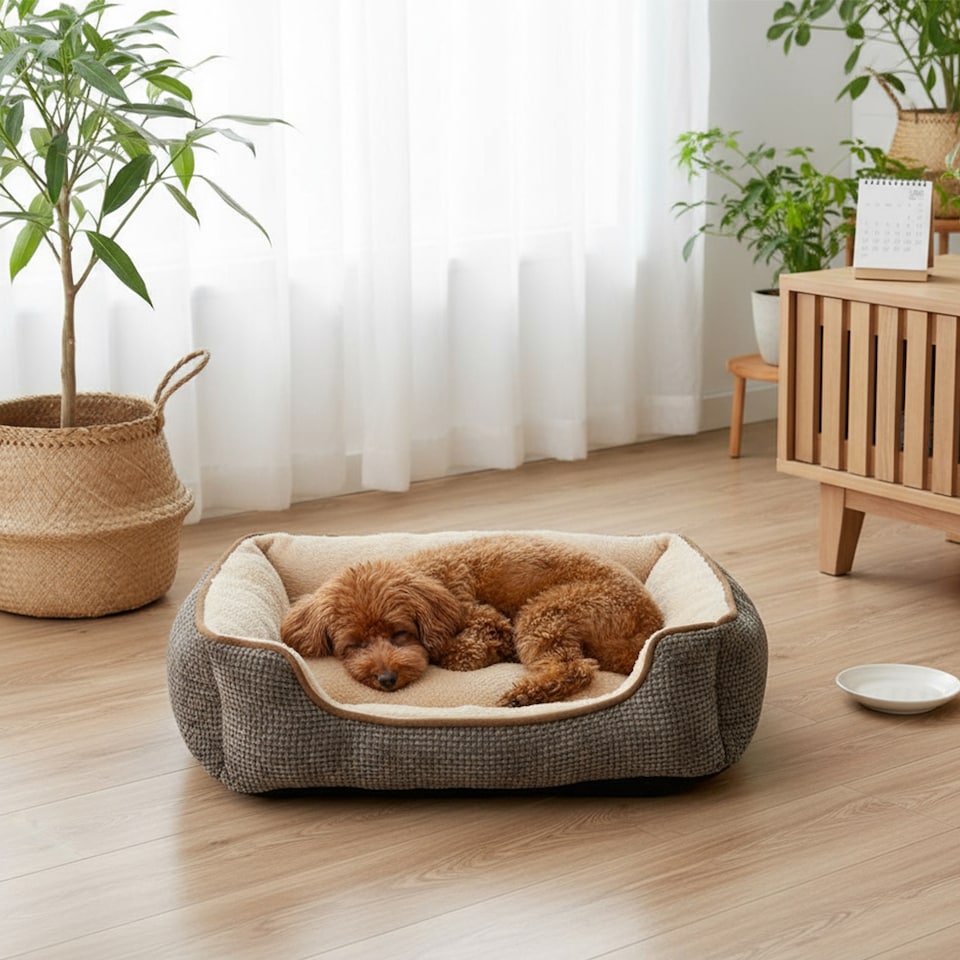 image 1 of Living and Home Linen Woven Pet Bed with Anti-Slip Bottom for Cats & Dogs | Brown | Coffee Brown | S