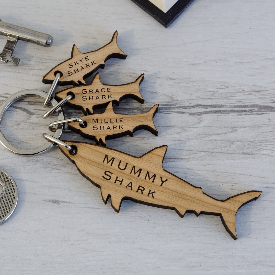image 1 of Personalised Shark and Baby Shark Key Ring for Dad Fathers Day