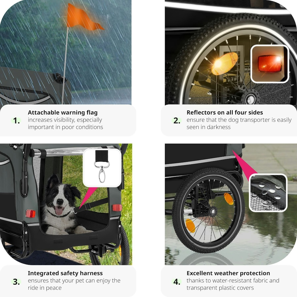 image 1 of Dog Bike Trailer - multifunctional, foldable, including reflectors, leash and flag - Grey