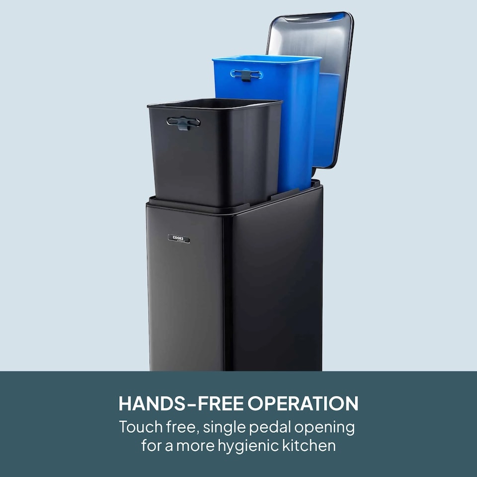 image 1 of Cooks Professional Slimline Dual Recycle Pedal Bin 50L - 2 Compartments & Soft Close Lid | Black