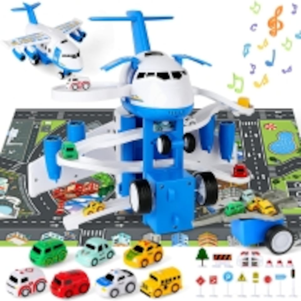image 1 of Transport Cargo Airplane Car Toy Play Set – Transforming Airplane with Vehicles, Tracks & City Map – 3-in-1 Imaginative Play for Kids Ages 3+