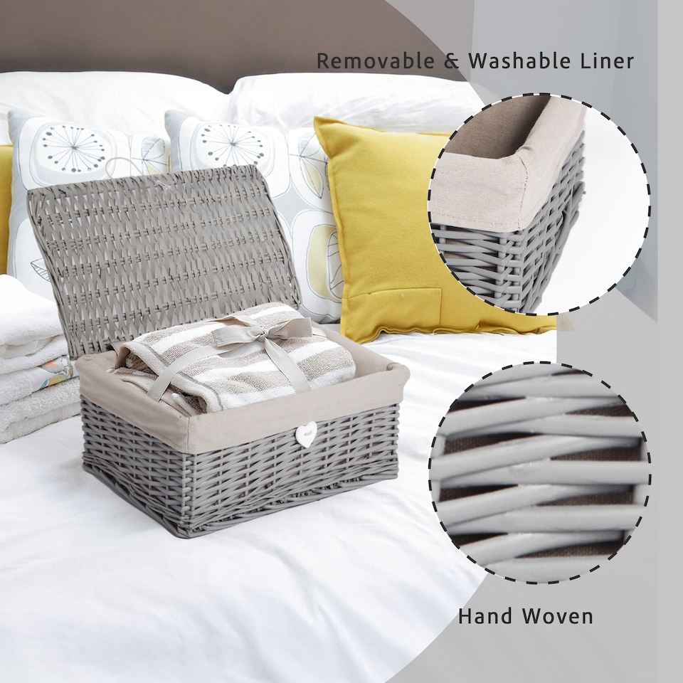 image 1 of Natural Wicker Storage Basket With Lid Underbed Storage Gift Basket (Grey, Small)