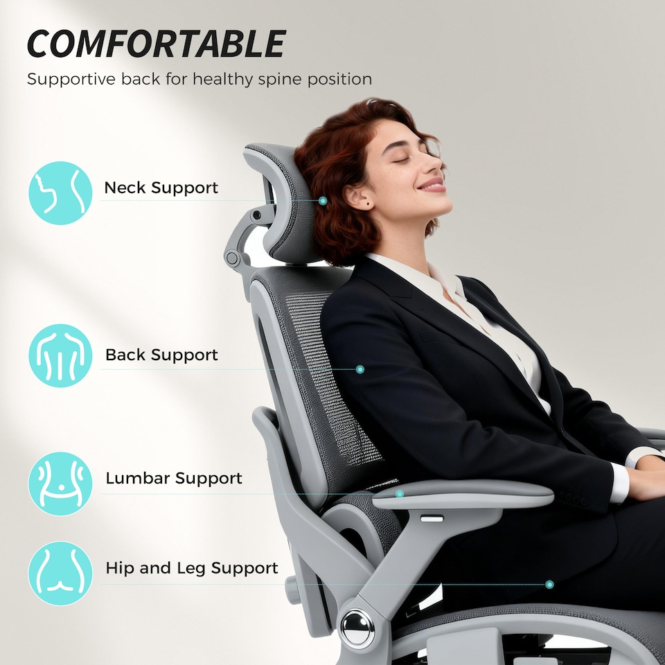 image 1 of HOMCOM Ergonomic Office Chair, High Back Mesh Desk Chair with Reclining Separated Backrest, Lumbar Support, 4D Flip-up Armrests, Adjustable Headrest, Tilt Function, Footrest for Home Office, Grey | Grey